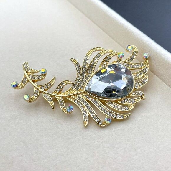 Yellow Gold with Diamond and AB Crystal Single Peacock Feather Pin Back Brooch - Picture 7 of 9
